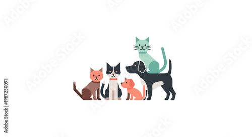 Group of Cute Cats and Dogs Vector Illustration, Minimalist Flat Style Pets Collection for Veterinary Clinic or Pet Shop Branding and Design Projects