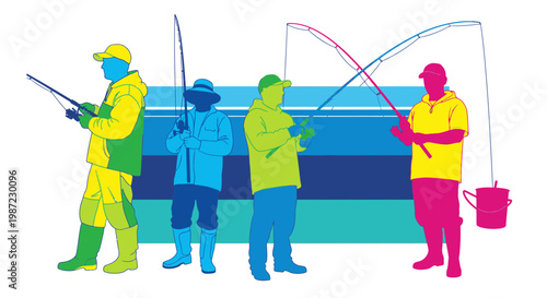 Group of Fishermen Catching Fish Vector Illustration, Colorful Silhouette Graphic Design for Outdoor Fishing Hobbies and Recreational Leisure Activities