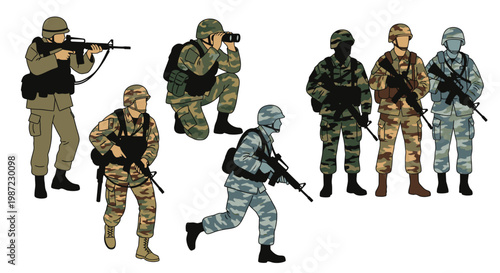 Group of Soldiers in Tactical Gear Vector Illustration, Military Personnel Characters in Various Combat Poses for Modern War Games and Defense Concept Design