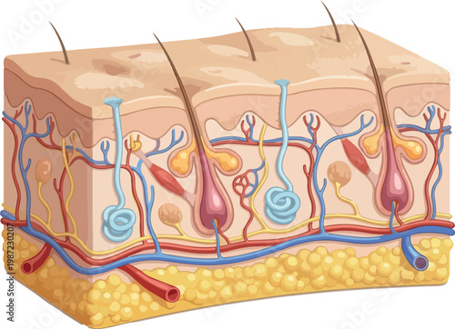Human Skin Anatomy Cross-Section with Layers and Internal Structures