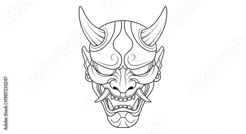 Hannya Mask Traditional Japanese Demon Vector Illustration, Intricate Line Art Graphic Design for Tattoo Art, Apparel Prints, and Cultural Symbolism Projects