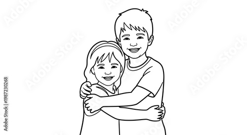 Happy Brother and Sister Hugging Vector Illustration, Cute Siblings Embracing in Line Art Style Graphic for Children Coloring Book Page Design