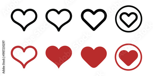 Black and red heart outline and solid icons with circle frame on transparent grid.