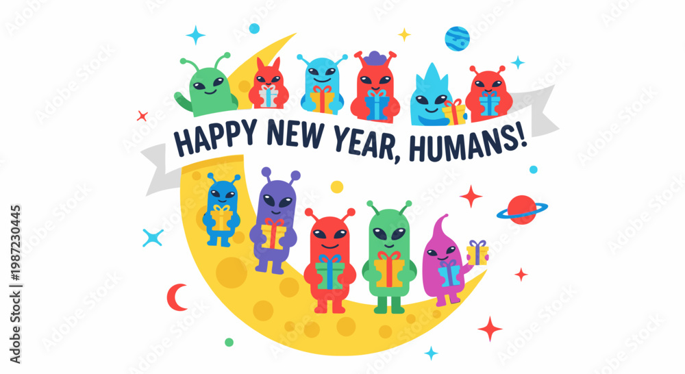Fototapeta premium Happy New Year Humans Greeting with Cute Alien Characters Holding Gift Boxes on Crescent Moon Vector Illustration