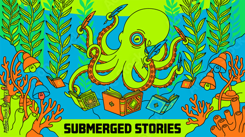 Submerged Library with Floating Books and Octopus Librarian, Pop Surrealism Flat Illustration with Bold Outlines