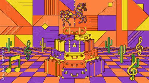 Vintage Suitcase Cake Tower with Carousel Horse Pop Surrealism Flat Illustration with Bold Outlines