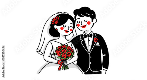 Happy Wedding Couple Vector Illustration, Romantic Bride and Groom Portrait in Flat Minimalist Style for Marriage Ceremony and Anniversary Celebration Designs