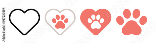 Animal paw print and heart shapes collection for pet care branding and veterinary business identity designs.