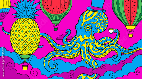 Giant Octopus Tea Party in Fruit Sky Pop Surrealism Flat Illustration with Bold Outlines