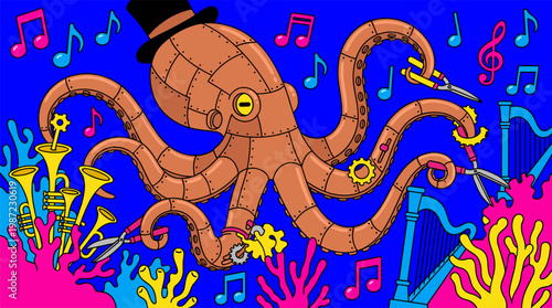 Mechanical Octopus Tending Musical Coral Garden Pop Surrealism Flat Illustration with Bold Outlines
