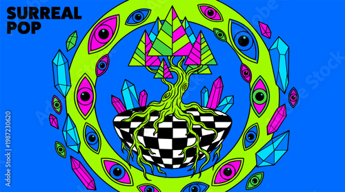 Floating Tree on Checkerboard Island and Crystalline Shapes Pop Surrealism Flat Illustration with Bold Outlines