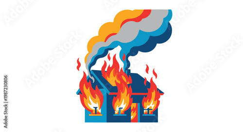 House on Fire Vector Illustration Featuring a Burning Residential Building with Thick Smoke and Bright Flames in a Modern Flat Graphic Style Design Concept