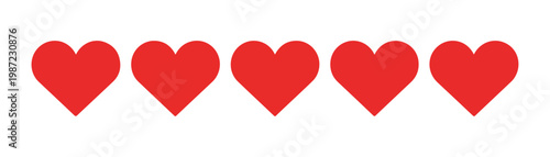 Five red hearts in a row on white background representing love affection romance and happiness.