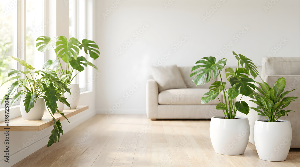 Fototapeta premium Modern minimalist workspace with indoor plants and a sleek sofa setup