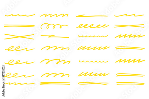 Line color brush underline set. Line underline brush hand drawn pen marker strokeswoosh, squiggle shape..Doodle scribble wavy wave highlight handwriting ink shape background. Vector illustration.