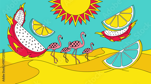 Surreal Desert Landscape with Giant Floating Fruit and Flamingos Pop Surrealism Flat Illustration with Bold Outlines