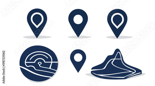Collection of stylized location markers and map graphics in dark blue, with drop shadows