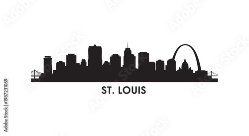 St Louis Missouri city skyline silhouette with gateway arch and landmarks urban panoramic view for travel tourism graphic.