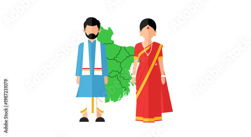 Indian Couple in Traditional Attire Vector Illustration with Map Background for Cultural Representation and Ethnic Heritage Concept Design