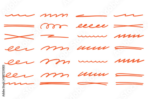Line color brush underline set. Line underline brush hand drawn pen marker strokeswoosh, squiggle shape..Doodle scribble wavy wave highlight handwriting ink shape background. Vector illustration.