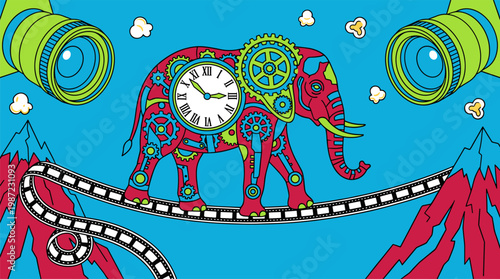 Clock Faced Elephant Walking on Film Strip Tightrope with Camera Lens Planets Pop Surrealism Flat Illustration with Bold Black Outlines