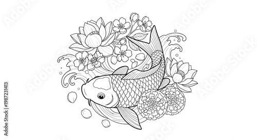 Koi Fish with Lotus Flowers and Water Waves Vector Illustration, Zen Style Line Art Graphic for Coloring Book or Tattoo Design
