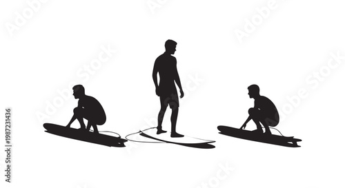 Surfing silhouettes on surfboards in black on white background vector.