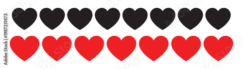 Set of black and red hearts icons for rating or emotion on white background vector.