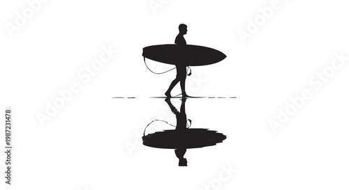 Surfer silhouette walking with a surfboard, creating a reflection on a water surface, depicting a serene beach scene.