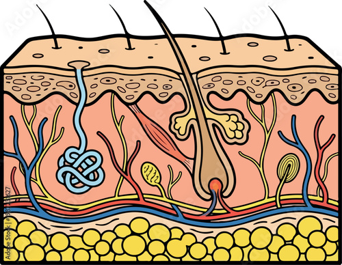 Detailed Diagram of Human Skin Anatomy Cross-Section with Layers and Structures