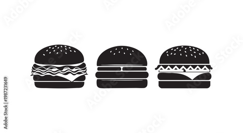 Three different hamburger silhouettes with sesame seeds and various fillings.