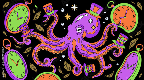Octopus Wearing Top Hats Among Floating Pocket Watches Pop Surrealism Flat Illustration With Bold Outlines