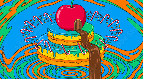 Floating Dessert Island Sponge Cake With Candy Canes Pop Surrealism Flat Illustration Bold Outlines