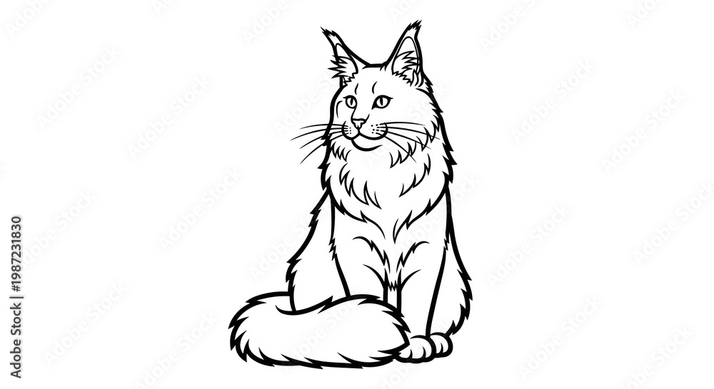 Obraz premium Maine Coon Cat Vector Illustration, Detailed Line Art Drawing of a Fluffy Sitting Feline, Black and White Animal Graphic for Coloring Pages and Design Projects