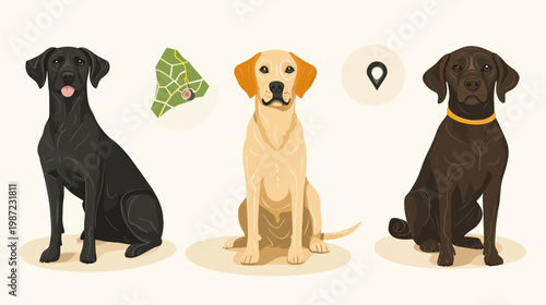 Illustration of three seated dogs of different colors with map and location icons