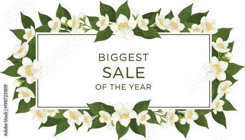 A promotional banner announcing the biggest sale of the year with a floral design