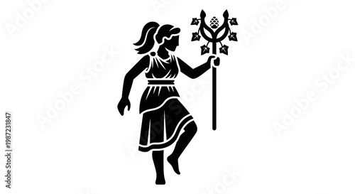 Maenad with Thyrsus Vector Illustration, Ancient Greek Mythology Figure Silhouette Graphic for Classical Design Projects and Historical Art Themes