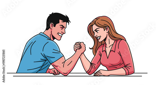 Man and Woman Arm Wrestling Vector Illustration, Competitive Couple Engaged in a Friendly Strength Challenge, Comic Style Graphic for Sports and Lifestyle Concepts