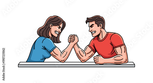 Man and Woman Arm Wrestling Vector Illustration, Competitive Couple Engaged in Intense Strength Challenge, Dynamic Conflict and Sports Rivalry Concept Art