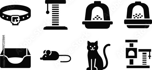 Pet care and animal accessories silhouette vector icon set featuring pet collar scratching post litter box pet bed mouse toy cat and feeder isolated on white background