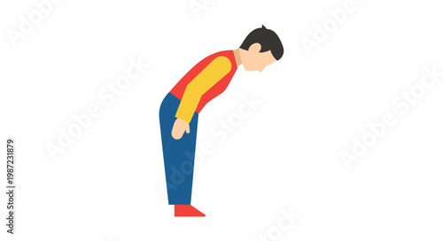 Man Bowing in Respectful Gesture Vector Illustration, Flat Style Graphic Representing Traditional Japanese Greeting or Apology for Business and Cultural Contexts