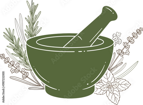 A green mortar and pestle surrounded by herbs and flowers for natural remedies and holistic health.