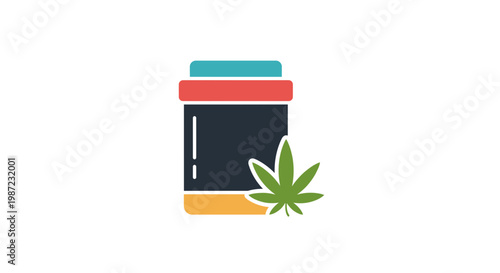 Medical Cannabis Prescription Bottle Vector Illustration, Flat Style Graphic Icon for Healthcare and Pharmaceutical Marijuana Product Branding Design