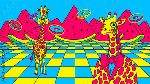 Anthropomorphic Giraffe with Bowtie and Monocle in Watermelon Mountain Landscape Pop Surrealism Flat Illustration with Bold Outlines