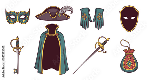 Masquerade Costume Accessories Set Vector Illustration Featuring Elegant Venetian Masks Cloak Hat Gloves Rapier Sword and Pouch for Carnival Party Design