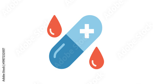 Medical Capsule Pill with Blood Drops Vector Illustration, Flat Style Healthcare Icon for Pharmaceutical Branding and Clinical Health Design Projects