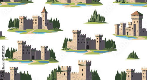 Medieval Castle Seamless Pattern Vector Illustration, Fairytale Fortress Background for Fantasy Design Projects and Childrens Fabric Prints
