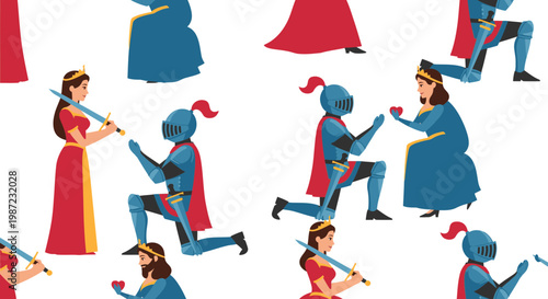 Medieval Knight and Princess Seamless Pattern Vector Illustration Featuring Romantic Fantasy Characters in Flat Design Style for Fairytale Storybook Backgrounds