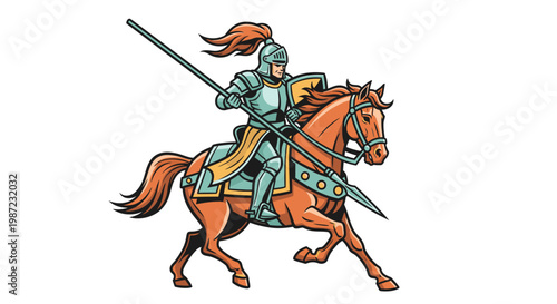 Medieval Knight Riding Horse with Lance Vector Illustration, Armored Warrior Character Design for Gaming and Fantasy Concept Art