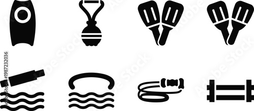 Swimming and water sports silhouette vector icon set featuring kickboard hand paddles snorkel waves lifebuoy rope and lane marker isolated on white background